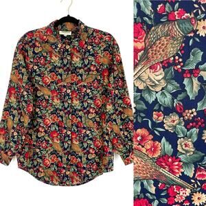 Vintage Blouse Top Shirt Cotton Floral Pheasant Long Sleeve Button Down